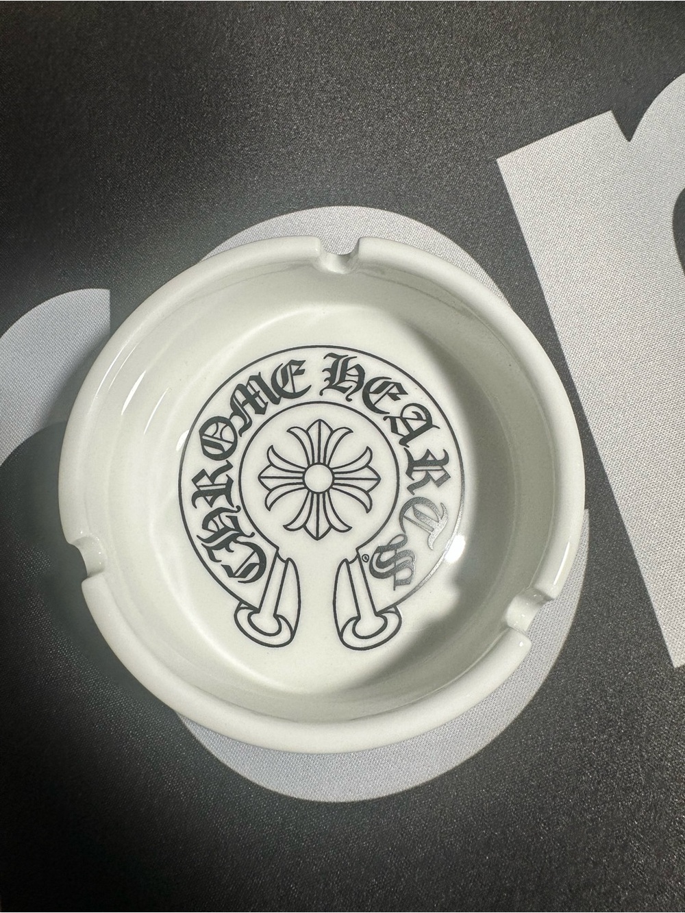 White Ceramic Logo Ashtray with Black Crest